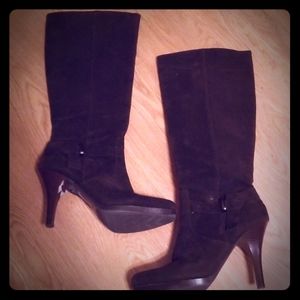 Dark Brown Knee High Faux Suede Boots